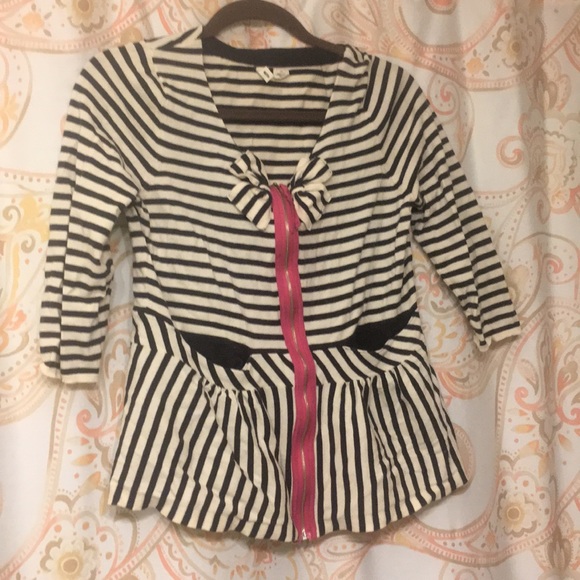 Anthropologie Tops - Moth Black and Ivory Striped Zip Up Bow Cardigan
